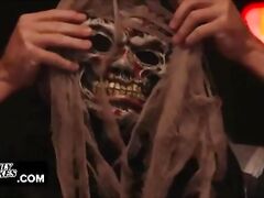 family strokes - lusty stepsisters share cock on halloween